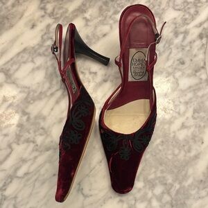 Emma Hope's Burgundy Velvet Heels with Black Embroidery